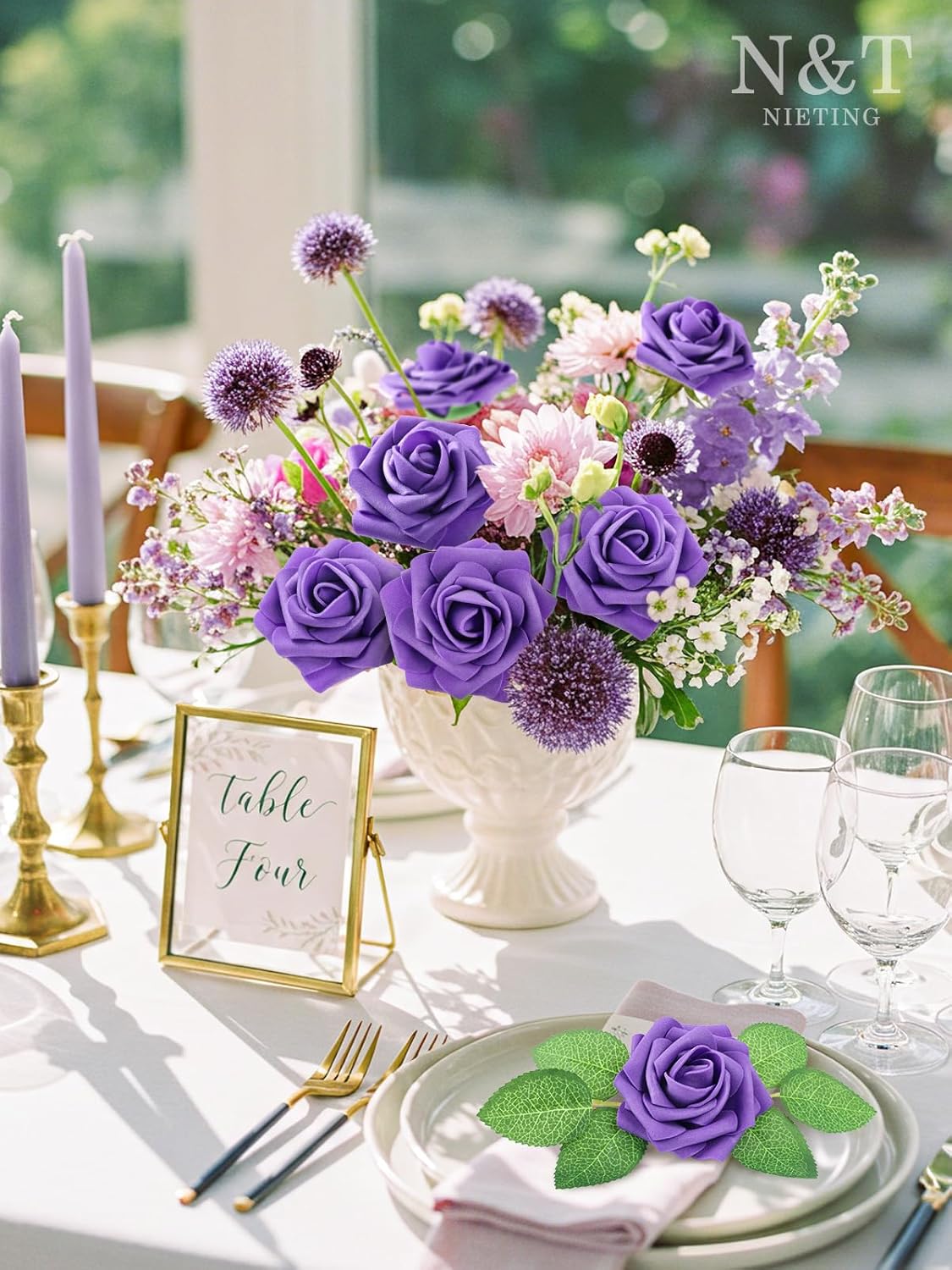 N&T NIETING Artificial Flowers Purple Roses, 25Pcs Fake Flowers Foam Roses with Stems for DIY Wedding Bridesmaid Bridal Bouquets Centerpieces Party Home Decoration Baby Shower