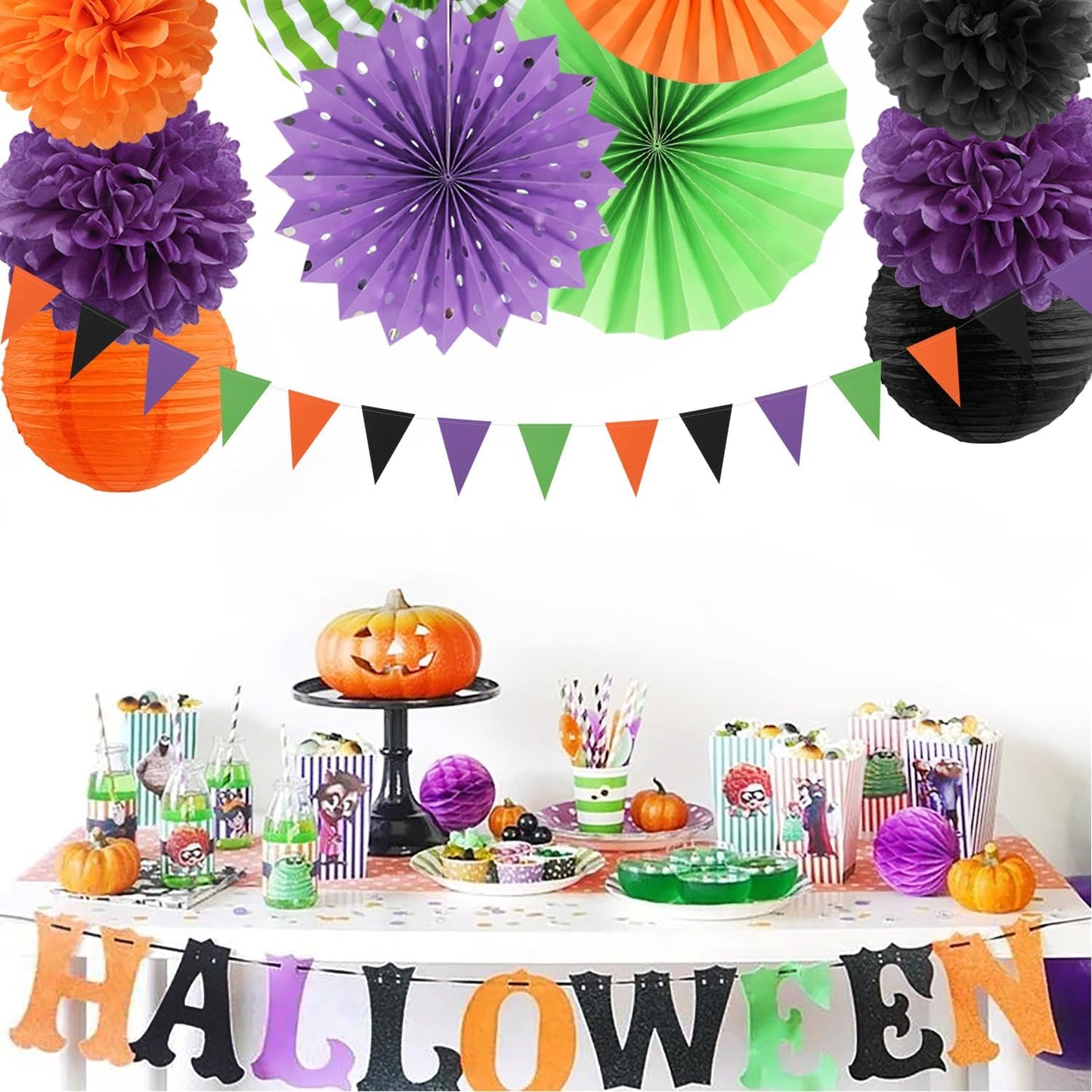 Black Purple Orange-Green Halloween Party-Decorations - 20pcs Paper Lanterns Fans,Tissue Pom Poms,Honeycomb Balls,Hotel Transylvania Hocus Pocus Birthday Baby Bridal Shower Wedding Decor Burgleda