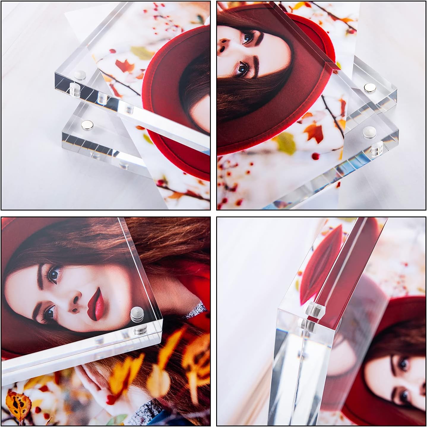 Acrylic Picture Frame, Clear Freestanding Double Sided 20mm Thickness Frameless Magnetic Photo Frames Desktop Display with Gift Box Package (4x4 2pack)