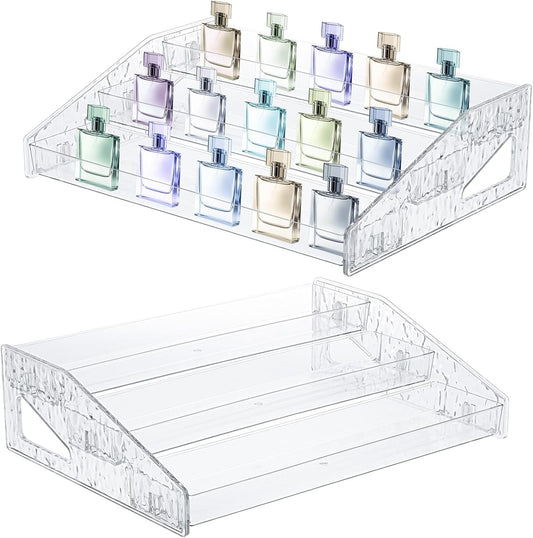 2 Pcs Perfume Organizer Stand, 3 Tier Acrylic Display Risers with Decorative Secure Fences, Tool-free Assembly, Clear Acrylic Shelf Risers for Cologne Cosmetic Dessert Cupcake for Countertop