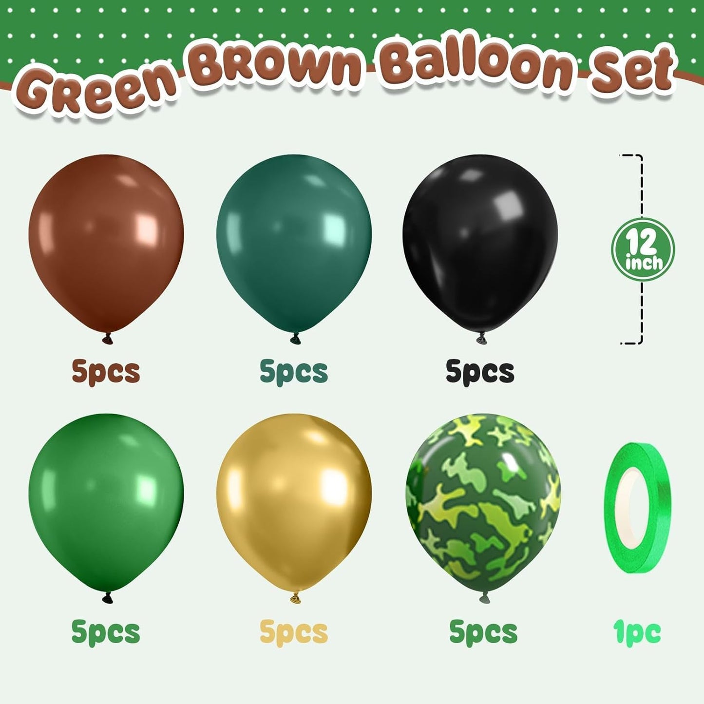Green Brown Camo Balloons,12 Inch Dark Green Black Metallic Green Gold for Camping Jungle Army Theme Birthday Baby Shower Party Decorations