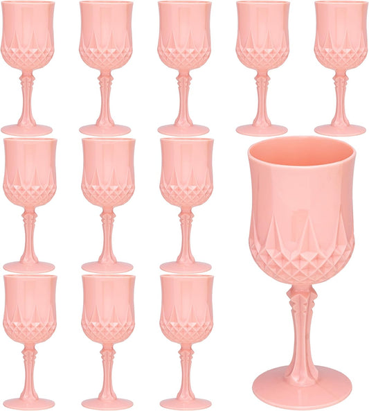 Plastic Vintage Wine Glasses 7OZ Plastic Goblets Vintage Drinking Glasses 12PCS Retro Wedding Glassware Water Goblets Reusable Drinking Cups for Party,Reception,Celebration,Bar,Whiskey(Light Pink)