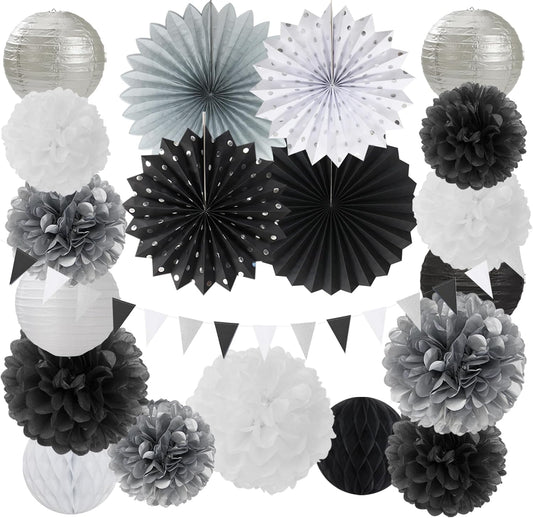 Black White Silver Party Decorations - 20pcs New Year Men Birthday Paper Lanterns Fans,Tissue Pom Poms,Honeycomb Balls,Bunting,Wedding Bachelorette Bridal Graduation Baby Decor Burgleda