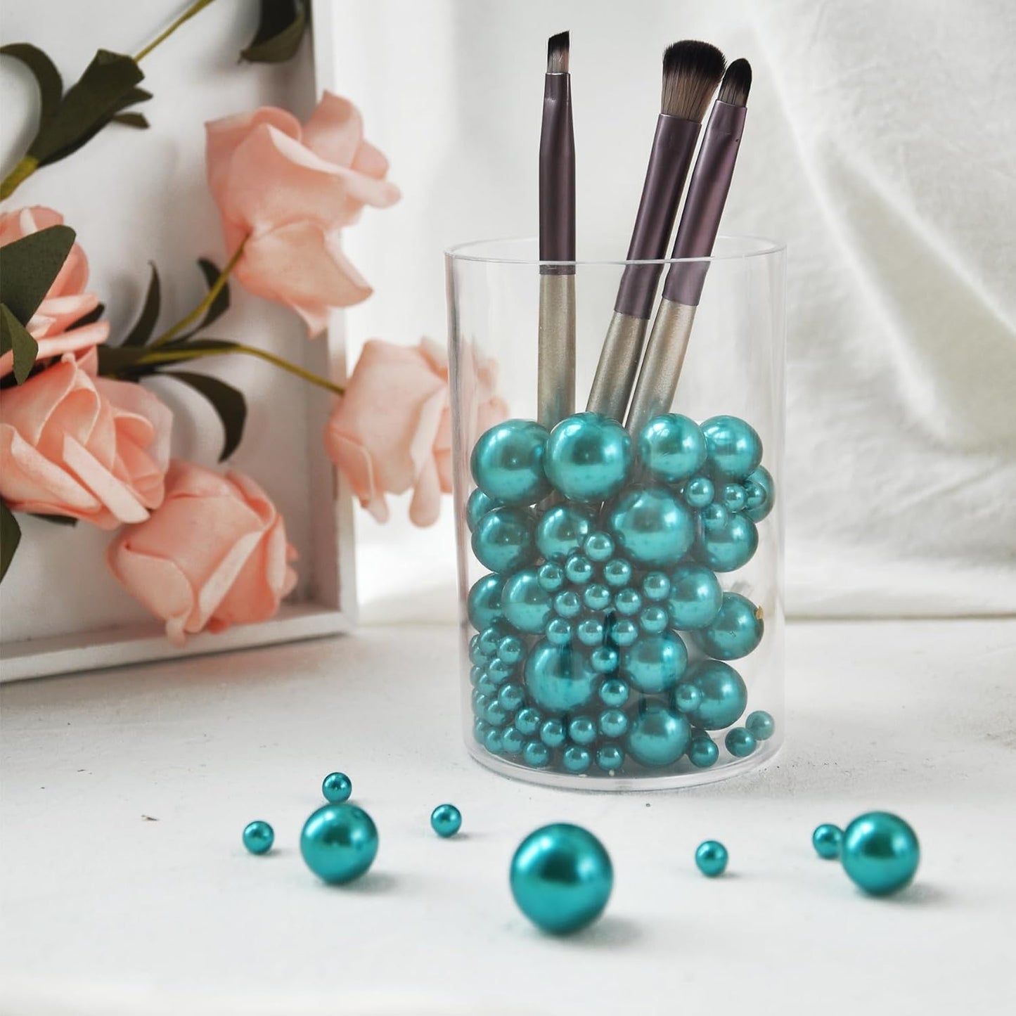 520Pcs Bluegreen Beads for Centerpieces Decor, Artifical Pearls Vase Filler, Large Beads for Makeup Brush, No Hole Round Pearl Beads for Wedding Birthday Christmas Party Home Decor(18mm 14mm 6mm)