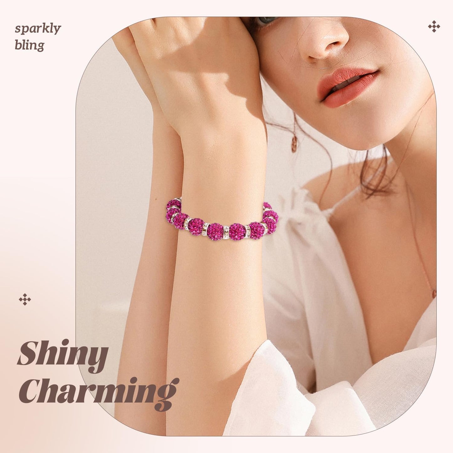 200pcs 10mm Rhinestone Beads for Jewelry Making, Fuchsia Shiny Round Disco Ball Beads Bulk, Sparkle Crystal Clay Christmas for Bracelet Baseball Necklace Earring Crafting and DIY