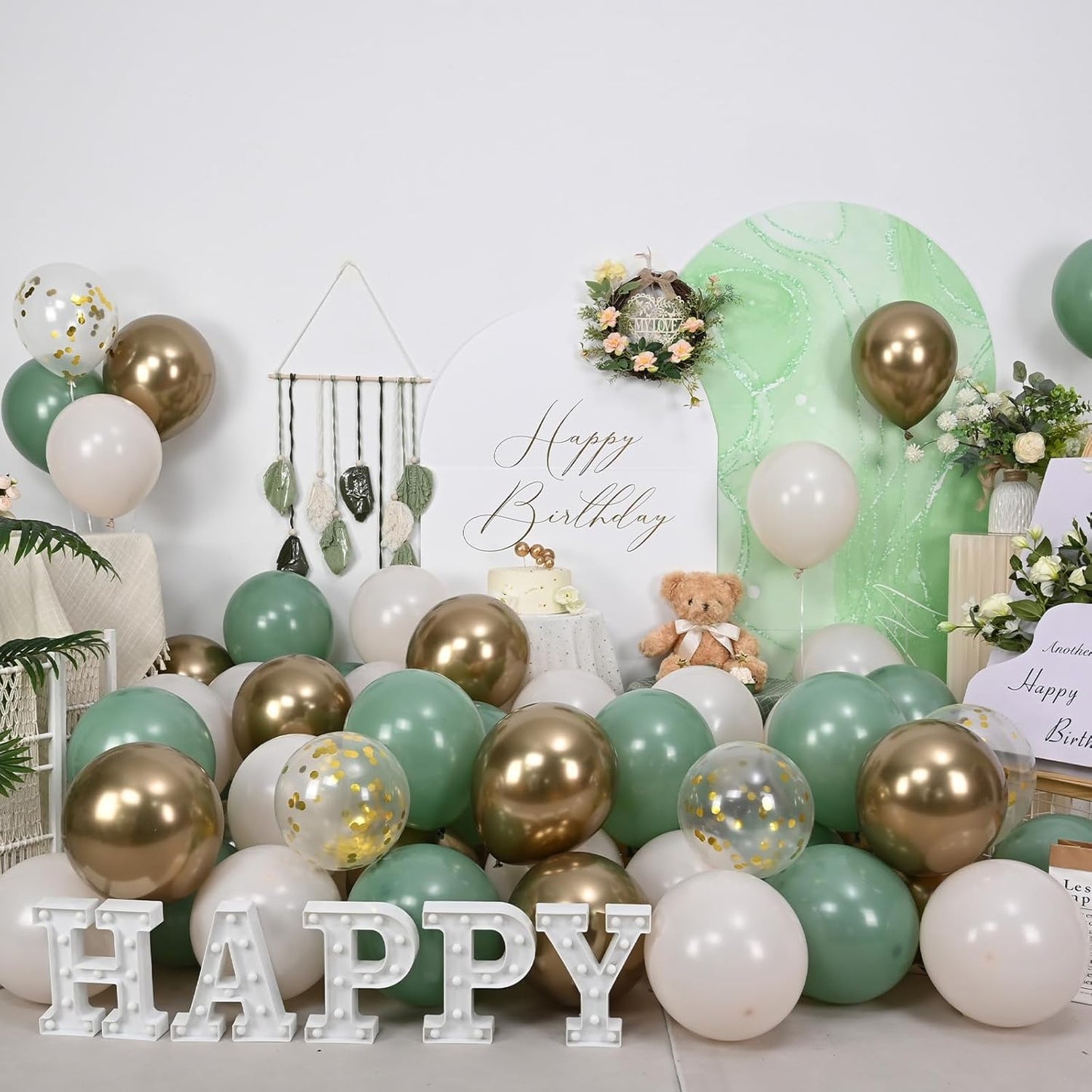 Sage Green Gold Balloons, 60 Pcs 12 Inch Olive Green White Balloons with Metallic Gold Confetti Balloon for Birthday Wedding Baby Shower Bridal Shower Engagement Anniversaries Party Decorations