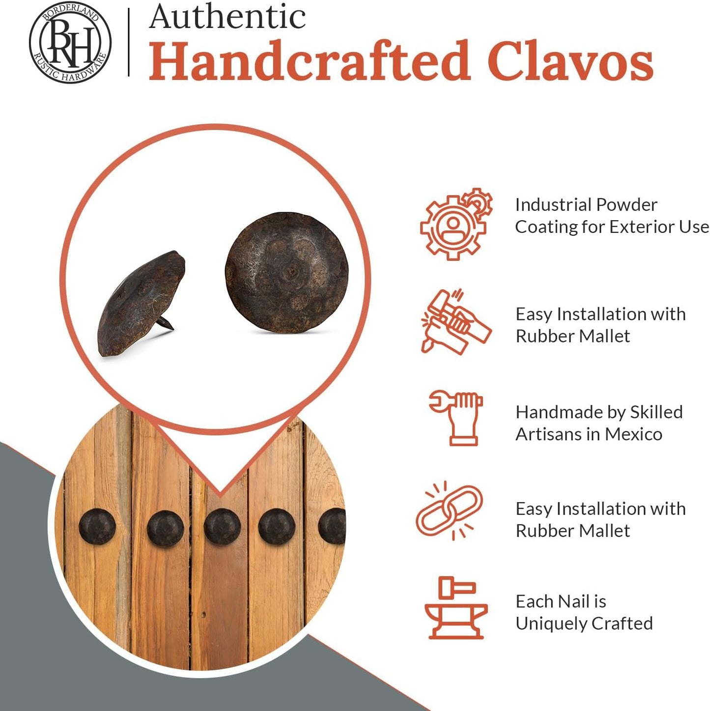 10 Pack 2" Round Head Iron Clavos Decorative Nails – Unfinished – Handmade Rustic Round Fasteners for Farmhouse Shutters, Faux Wood Beams, Barn Doors, Shutters, Gates – Ornamental Wood Accent
