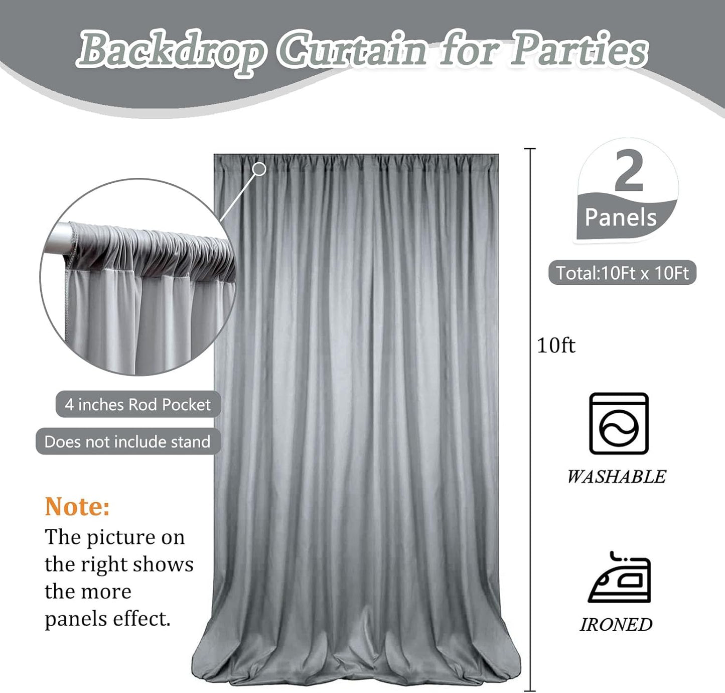 10 x 10 Feet Grey Backdrop Curtain for Partie, Background Curtains for Photoshoot, Birthday, Wedding, Halloween, Thanksgiving, Christmas Day, New Year Party Decorations 5Ft x 10Ft, 2 Panels