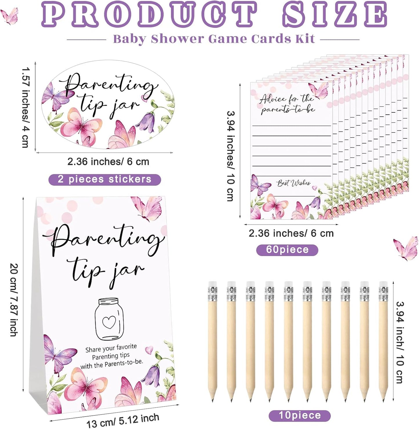 Roowest Baby Shower to Baby Advice Cards for New Parents to Be - Tip Jar Sign for New Parents 60 Parenting Advice Cards 10 HB Pencils 2 Cute Stickers 1 Pet Bottle for Guests Games(Butterfly)