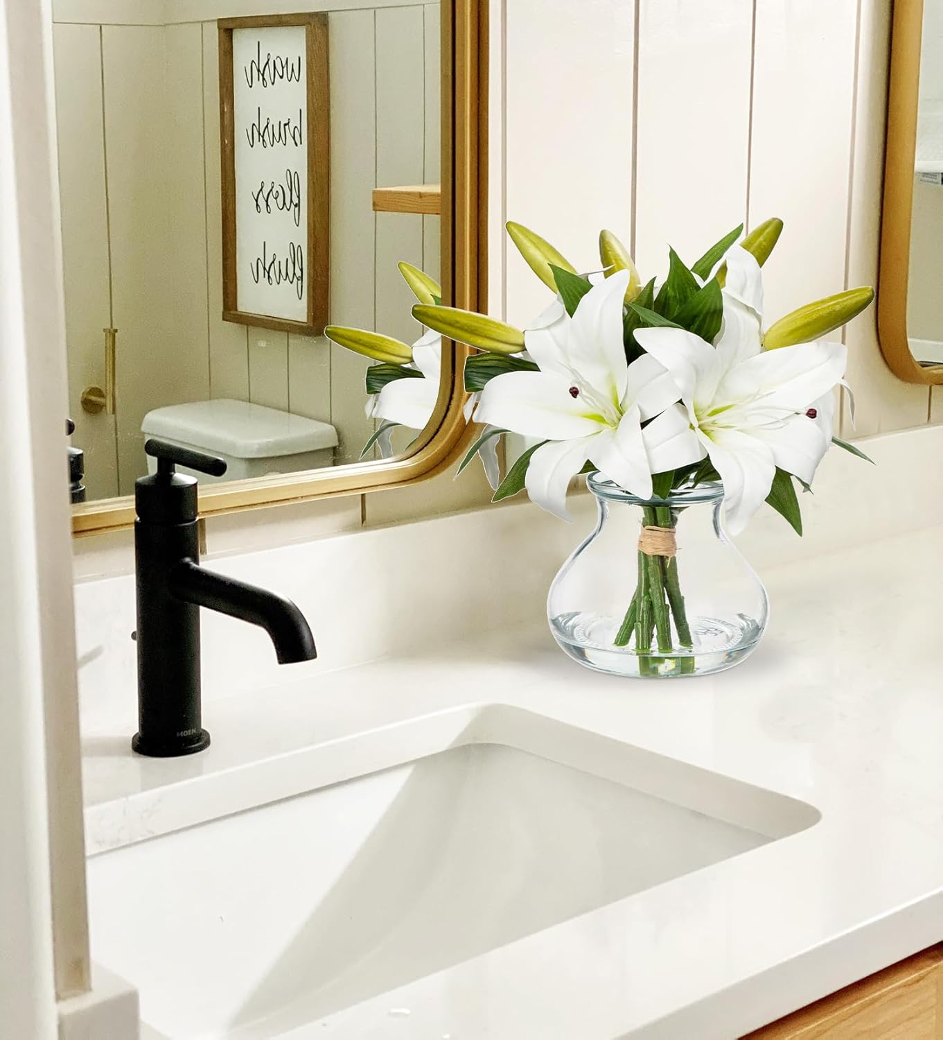 Artificial Flowers Tiger Lily Real Touch with Vase Easter Lily White Lilies Silk Faux Flowers Arrangements in Glass Vase with Faux Water Easter Decor Fake Floral Bulk Bouquet for Office Home Decor