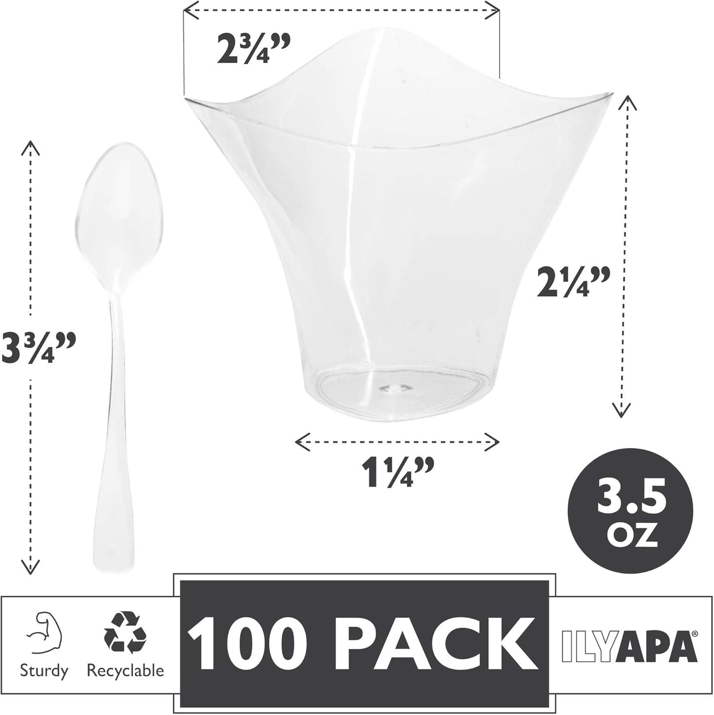 Ilyapa 3.5oz Plastic Dessert Cups - 100 Pack Mini Dessert Cups with Spoons - Clear Reusable Small Appetizer Cup for Cheesecake Shooters, Chocolate Mousse - Party and Catering Supplies - Parfait