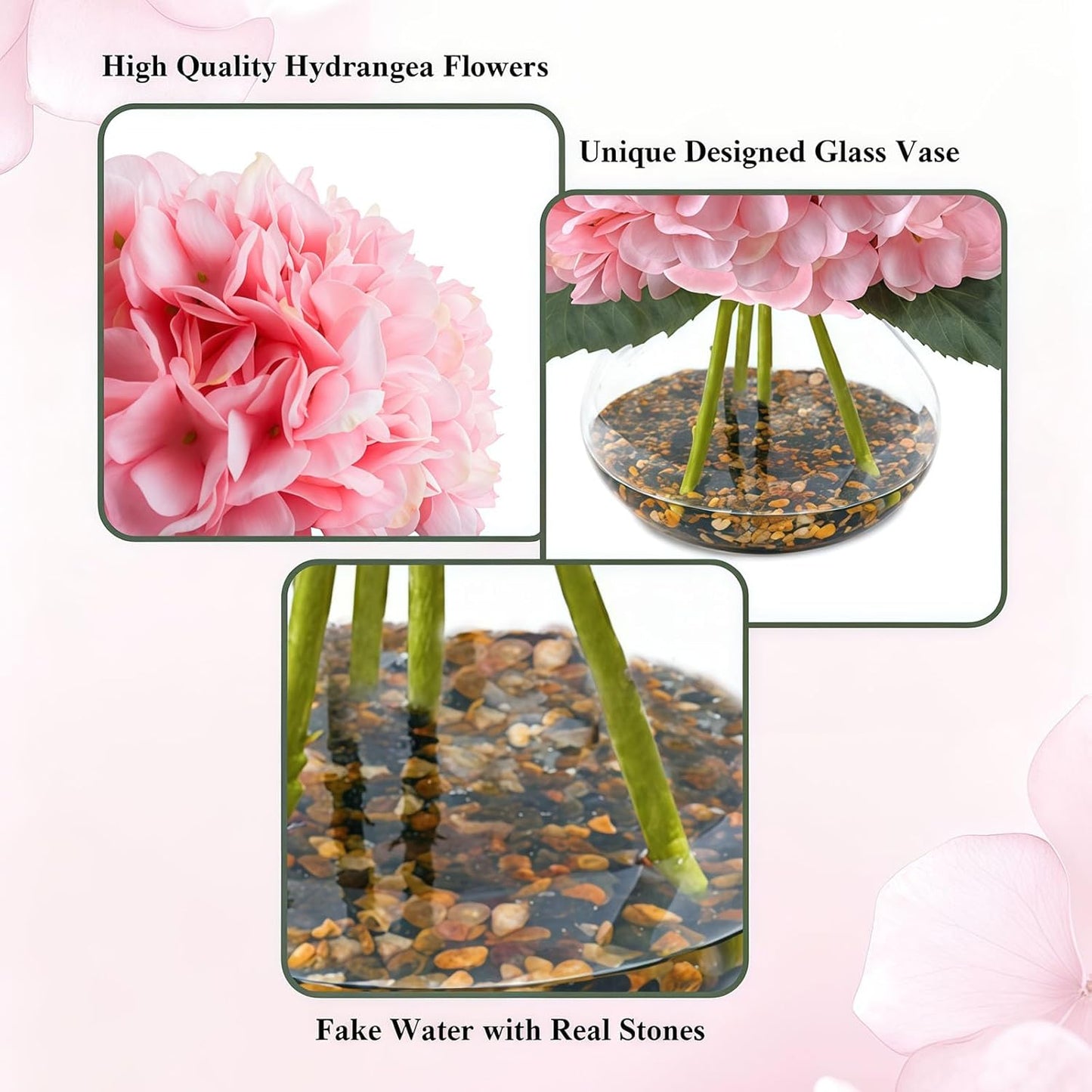 N&T NIETING Artificial Hydrangea Flowers with Vase Pink Silk Fake Flowers Faux Hydrangea Flowers with Faux Water Riverstones for Home Office Table Room Wedding Centerpiece Decorations