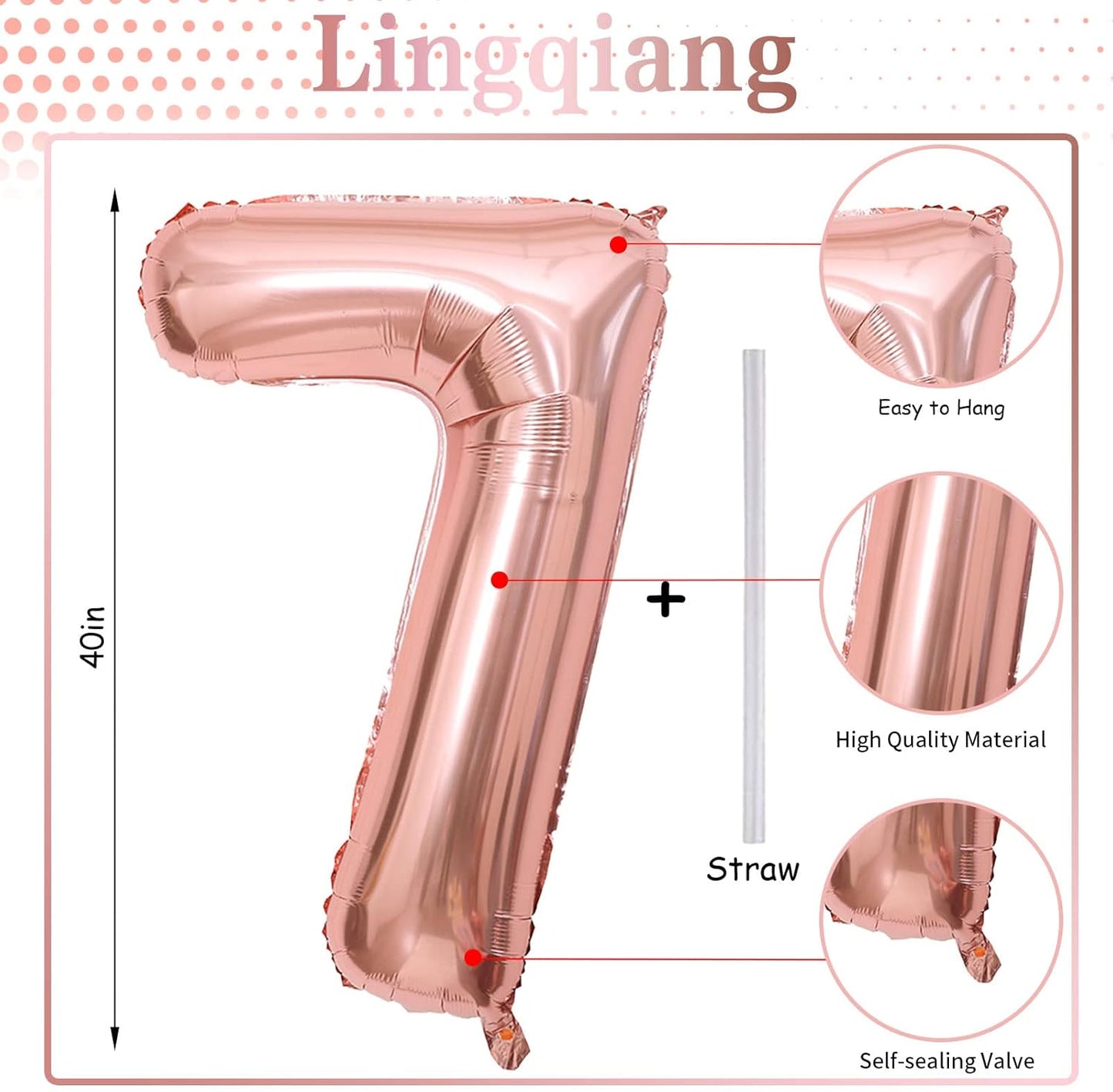 Rose Gold Number Balloons, 40inch Large Number 7 Foil Mylar Helium Balloons, Self Inflating Number Balloons 0-9 for Girls Women 7th 17th 70th Birthday Anniversary Party Graduation Decoration Supplies
