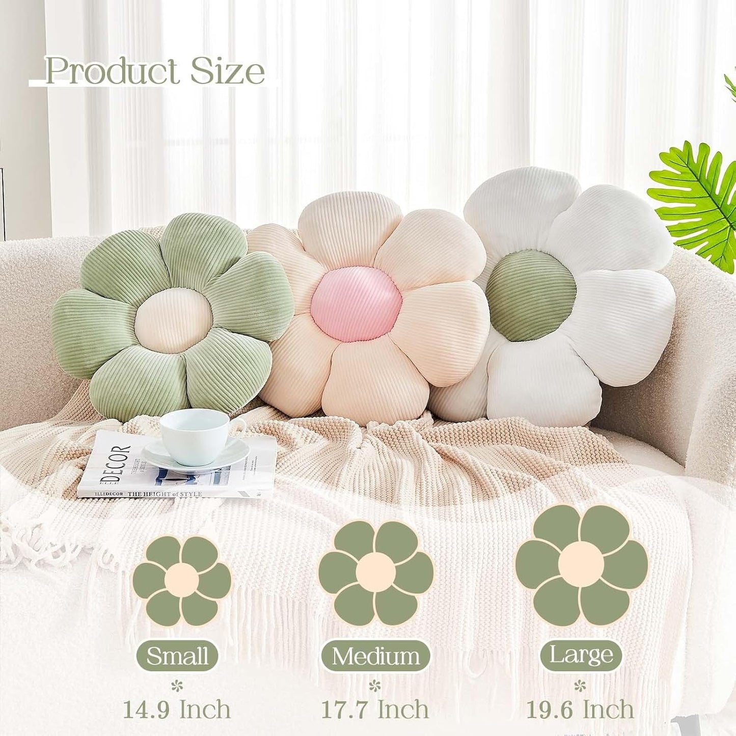 Sage Green Flower Pillow, 14.9" Cute Flower Shaped Floor Pillow, Aesthetic Floral Plush Daisy Decorative Throw Pillows for Bed Sofa Couch