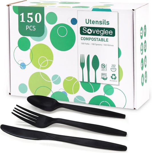 150 Count Black Compostable Silverware, Compostable Utensils, Disposable Silverware Plastic 50 Forks 50 Spoons 50 Knives, Non Plastic Utensils, Eco Friendly Utensils for Party Office Wedding