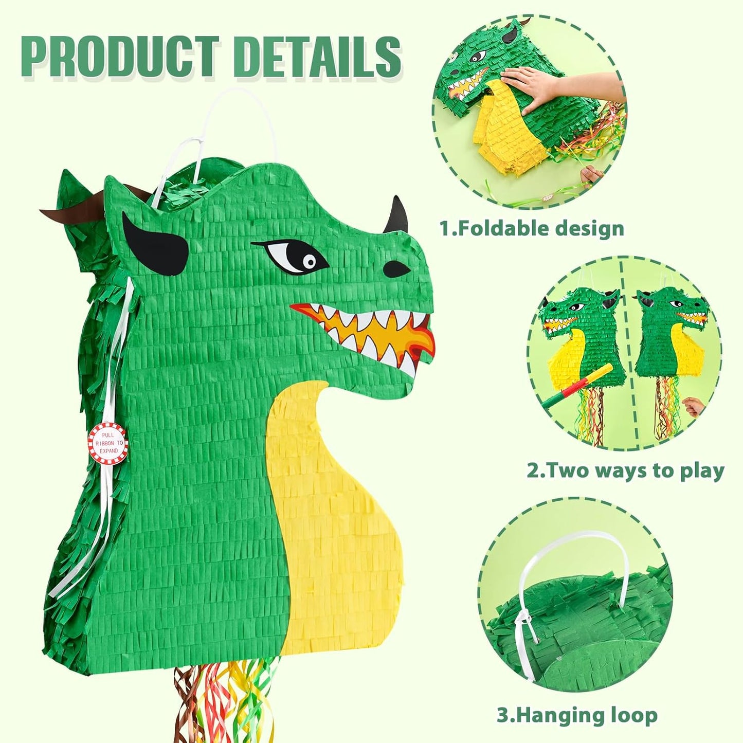WERNNSAI Foldable Dragon Piñata - Dinosaur Birthday Party Supplies Dino Extendable Piñata Bundle with Blindfold Stick and Tassels for Boys Kids Dragon Theme Bday Party Game Decorations 16.2” x 12.5”
