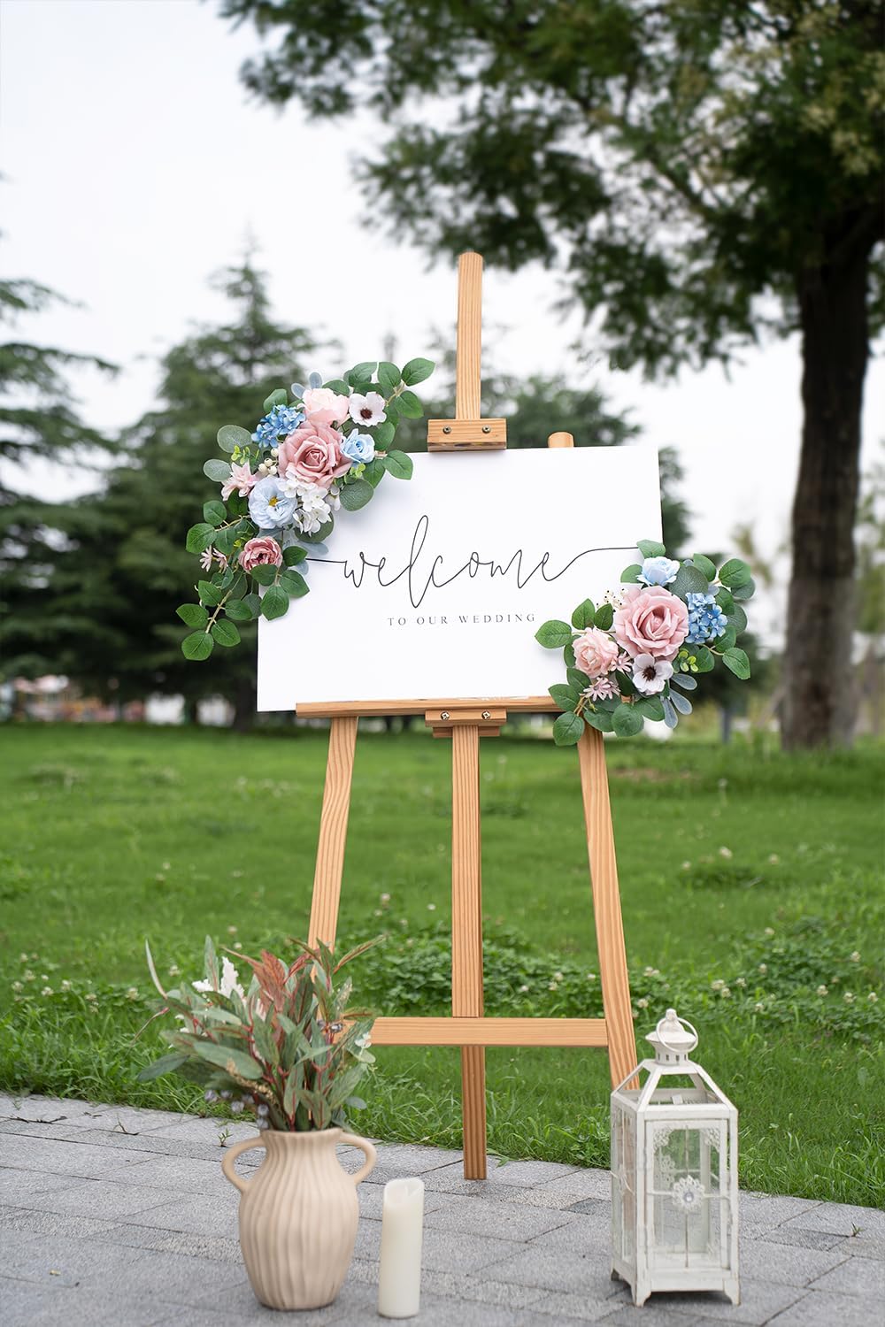 WEIERYUE(Pack of 2 Artificial Flowers Decorations,Artificial Arch Backdrop Garlandfor Ceremony Party Reception Entrance Welcome Easel Door Floral Decor Wall Home Entryway Outdoor (Soft Blue Powder)