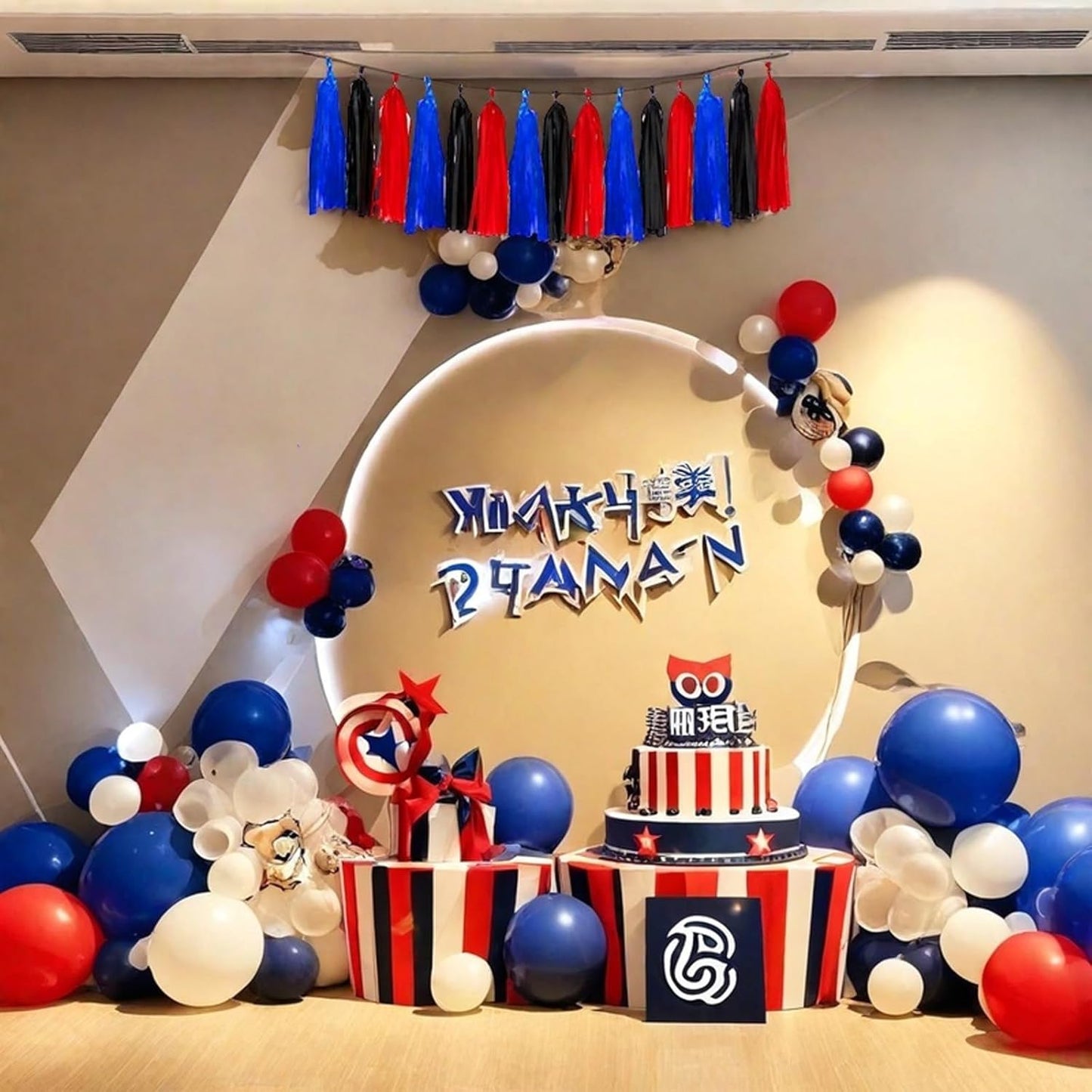 Red Blue and Black Tassel Garland Banner Paper Tassels for Birthday Party Decorations,Pack of 15