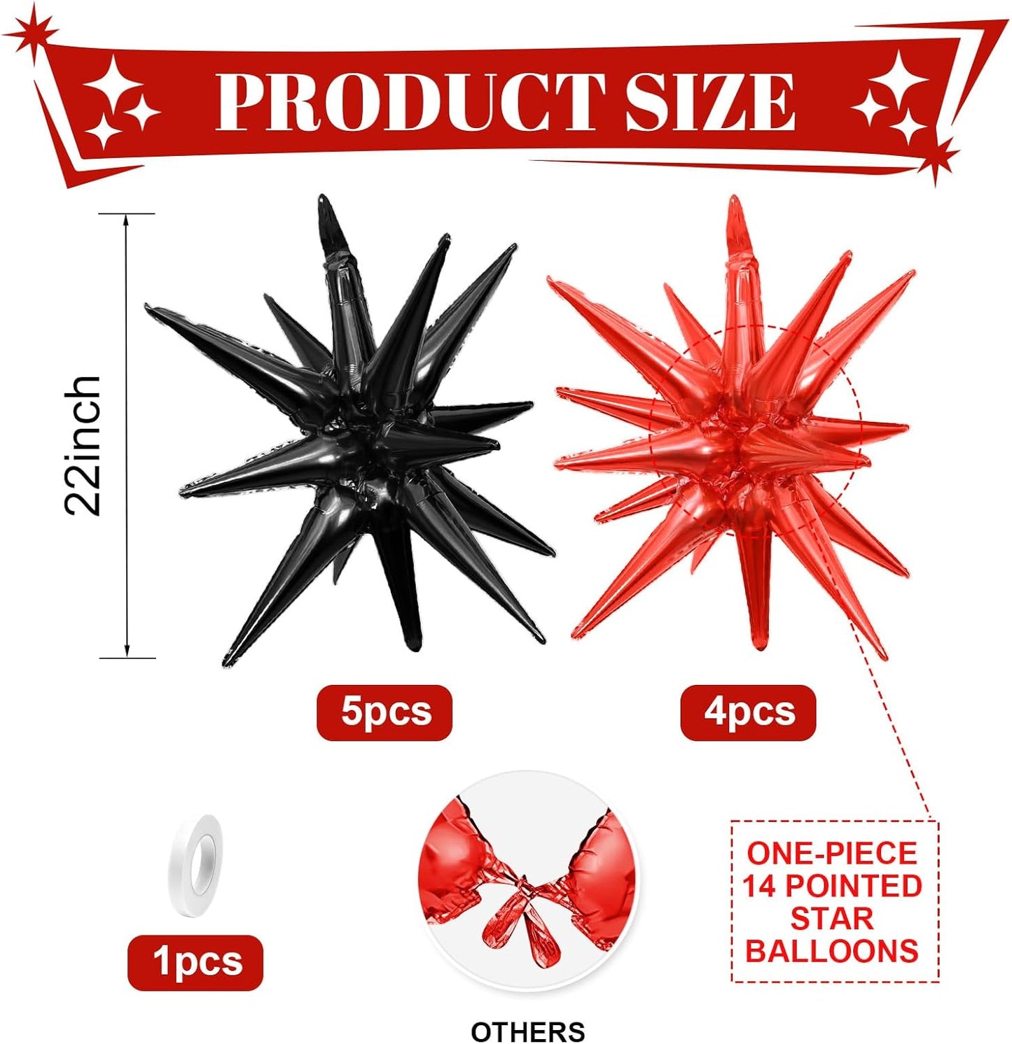 Black Red Star Balloons,9Pcs 22Inch Black Red Explosion Spike Cone Helium Polyester Film Star Foil Balloons for Birthday Halloween Anniversary Baby Shower Party Decorations