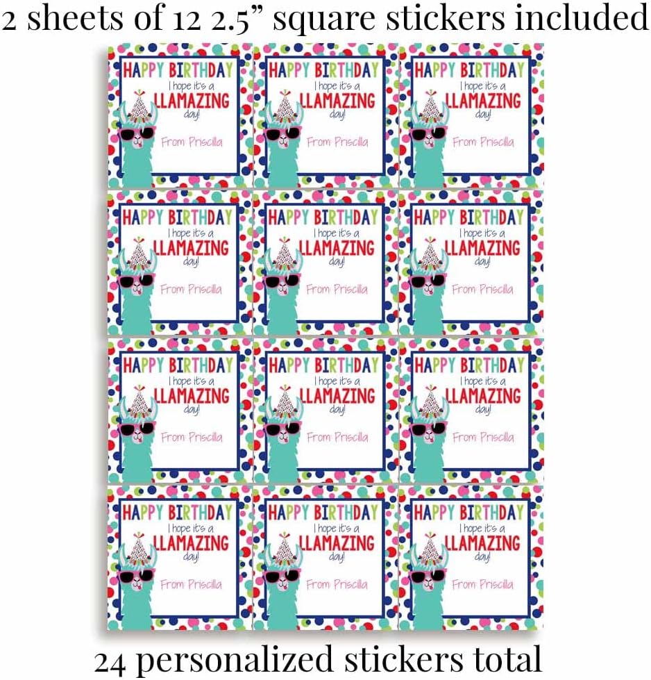 Custom & Personalized Llamazing Llama Happy Birthday Gift Tag Sticker Labels, 24 2.5" Square Stickers by Amanda Creation