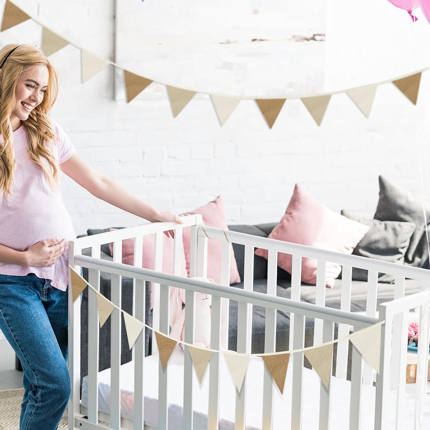 Oudain 15.5 ft Pennant Banner Flags, 2 Pcs Nursery Garland Triangle Bunting Flag Baby Banner for Nursery Decor Baby Birthday Boho Wedding Shower Party Event, Each 7.75 ft(Simple Color)