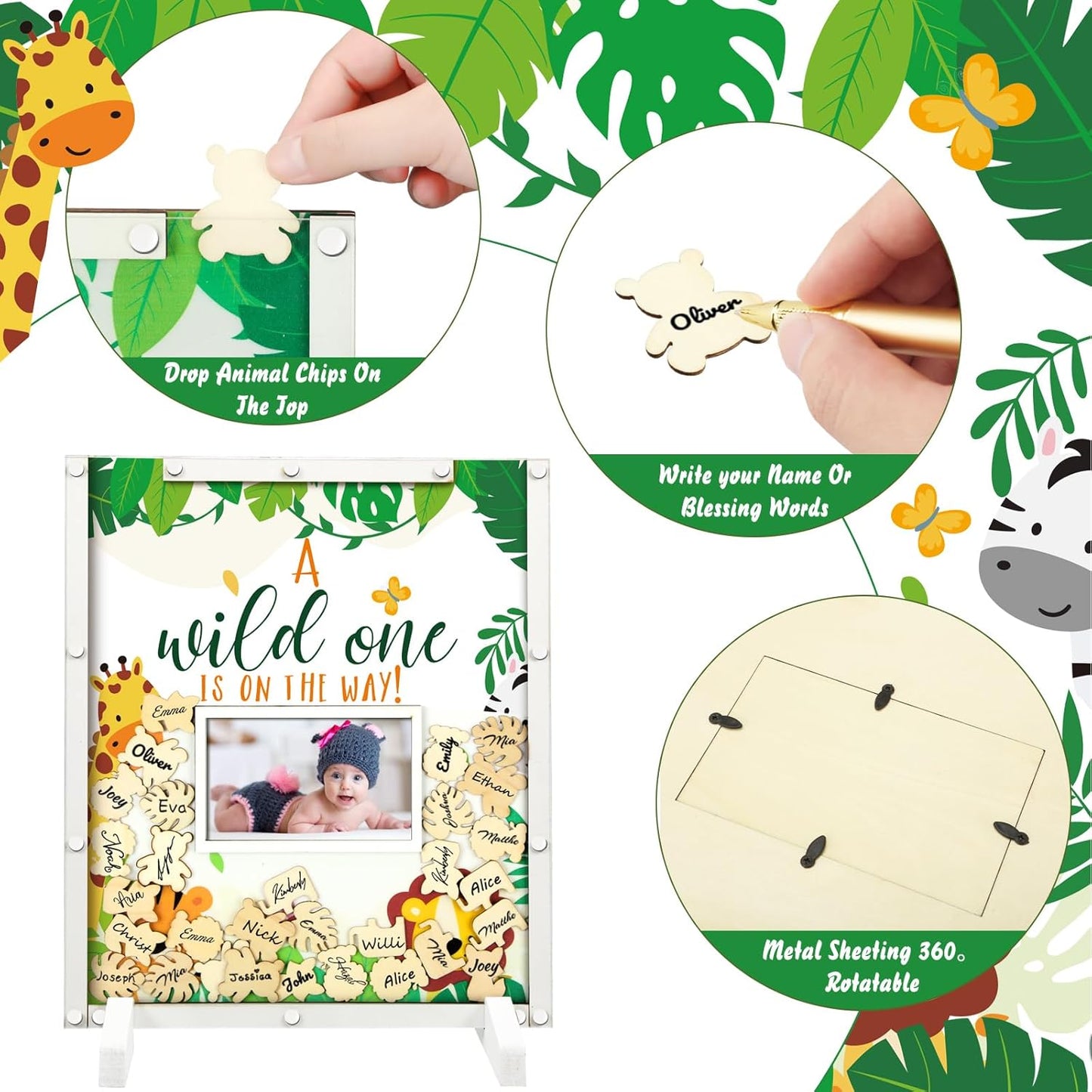 65 Pcs Safari Animal Baby Shower Guest Book Alternatives He or She Gender Reveal Baby Shower Decorations Sign in Guest Book with Picture Frame and 60 Wooden Chip