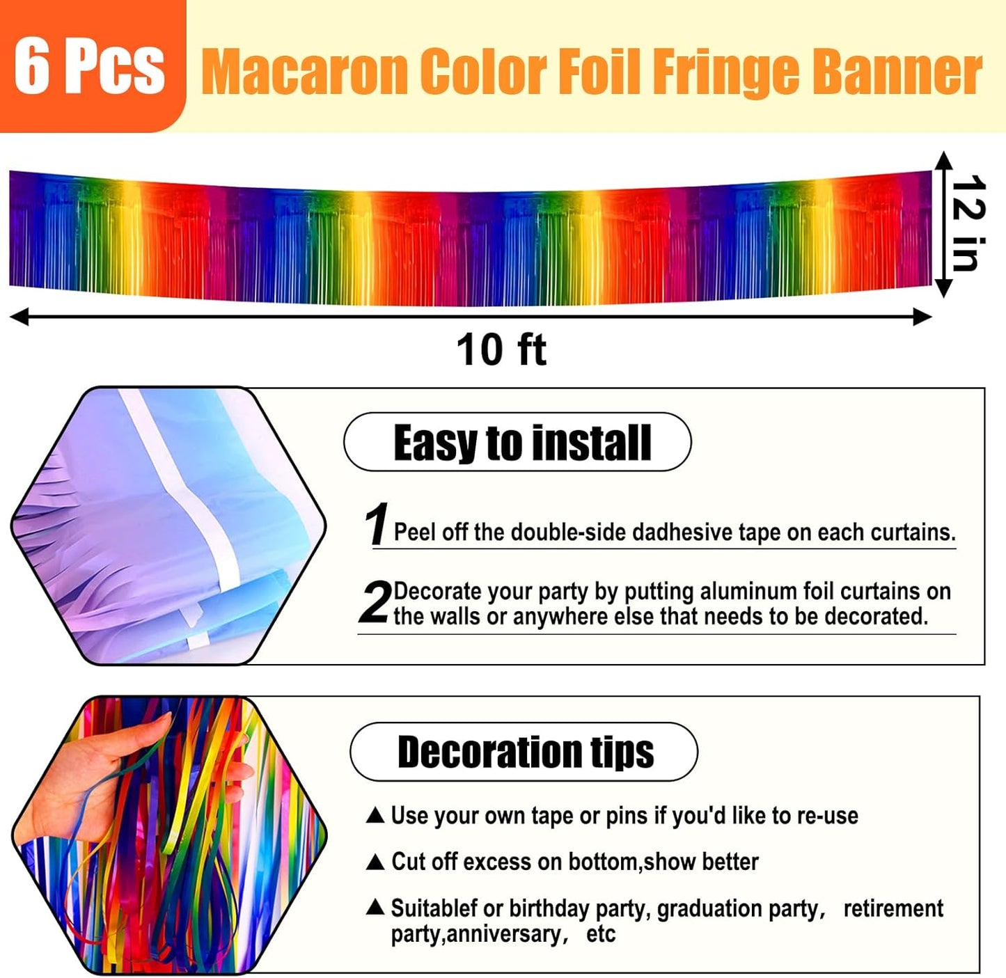 6 Pack 10 Feet Rainbow Foil Fringe Garland Metallic Tinsel Streamers Banner Wall Hanging Curtain Backdrop for Parade Floats, Birthday, Graduate, Mother's Day, Wedding Party Decoration