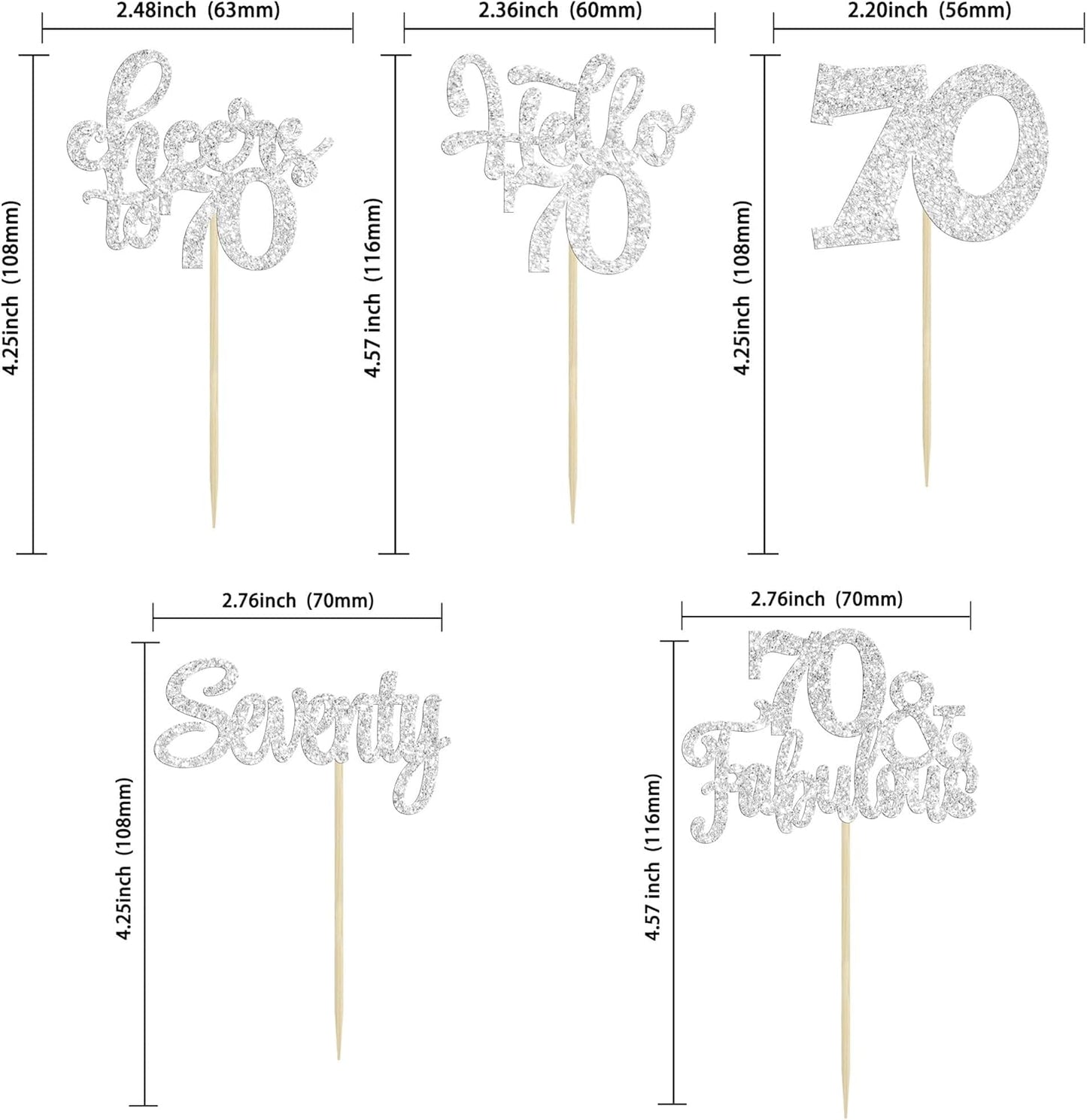 30Pcs Happy 70th Birthday Cupcake Toppers Seventy Cheers to 70 Years Old Birthday Cupcake Picks for 70th Birthday Anniversary Party Cake Decorations Supplies Silver Glitter