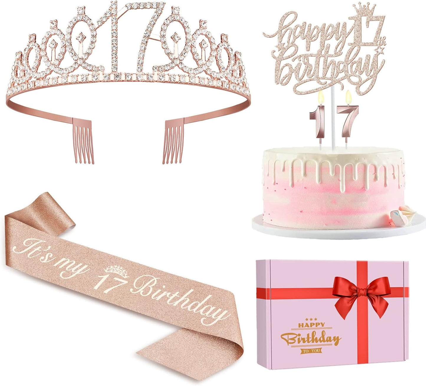 17th Birthday Decorations for Girls Including Birthday Girl Sash, Crown, Numeral Candles and Cake Topper, 17 Year Old Decorations Gifts, Rose Gold Party Decor Supplies
