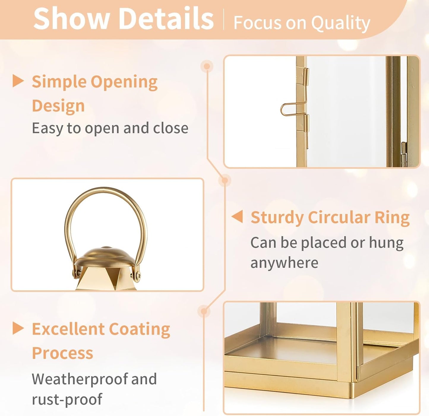 NUPTIO Gold Lanterns Decorative for Wedding: 11.2 Inch Tall Metal Lantern Decor with Glass - Outdoor Pillar Candle Holder for Table Centerpiece Dining Room Mantel Patio