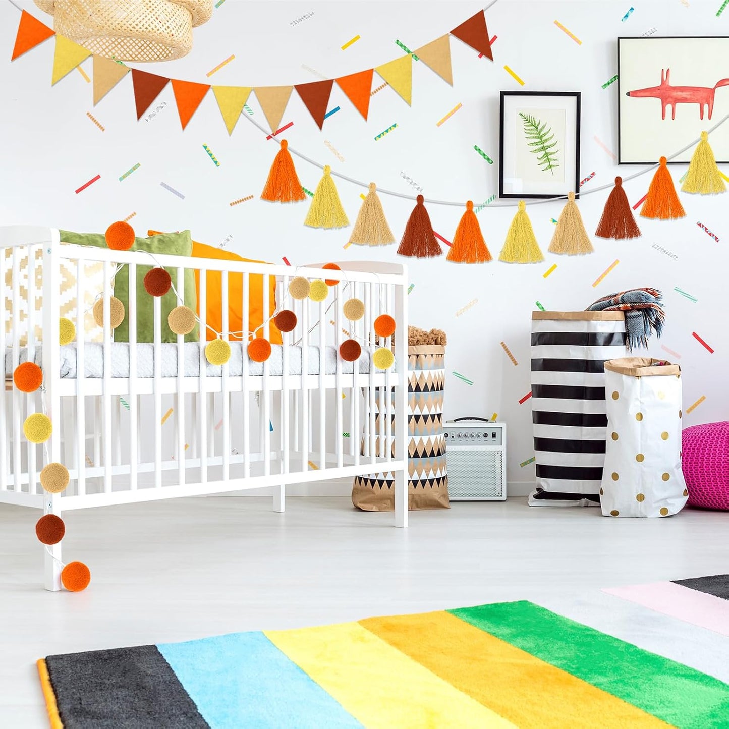 Irenare 9.8 ft Pom Pom Garland Felt Colorful Tassel Banner Christmas Party Pompoms Garland Decorations Felt Pennant Banner for Classroom Home Mantel Fireplace Birthday(Autumn Colors)