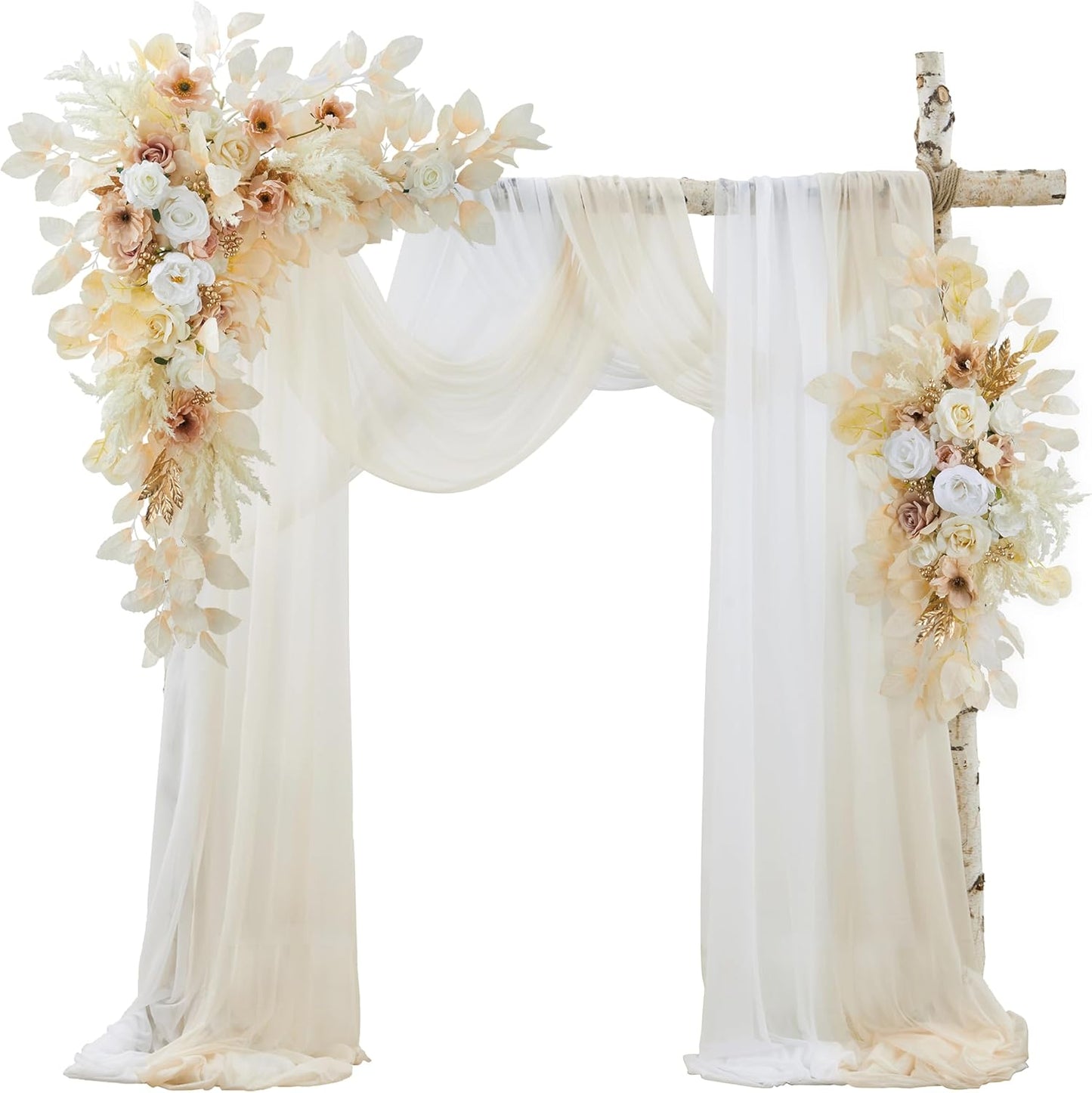 Wedding Arch Flowers with Drapes Kit (Pack of 4) - 2pcs Artificial Beige Deluxe Swag with 2pcs Sheer Drapes for Wedding Ceremony Arbor Reception Backdrop Rose Floral Decoration