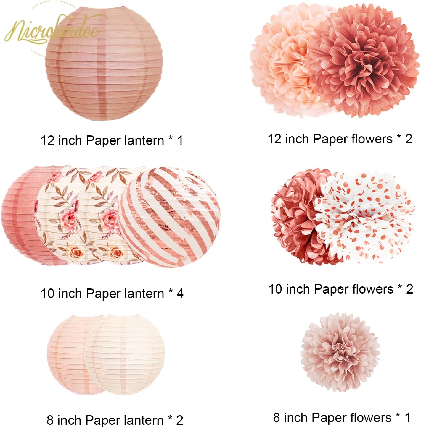 NICROLANDEE Wedding Party Decorations, 12 PCS Rose Pink Floral Paper Lanterns Tissue Pom Poms Backdrop Decoration for Pink Boho Wedding Bridal Shower Birthday Tea Party Decor
