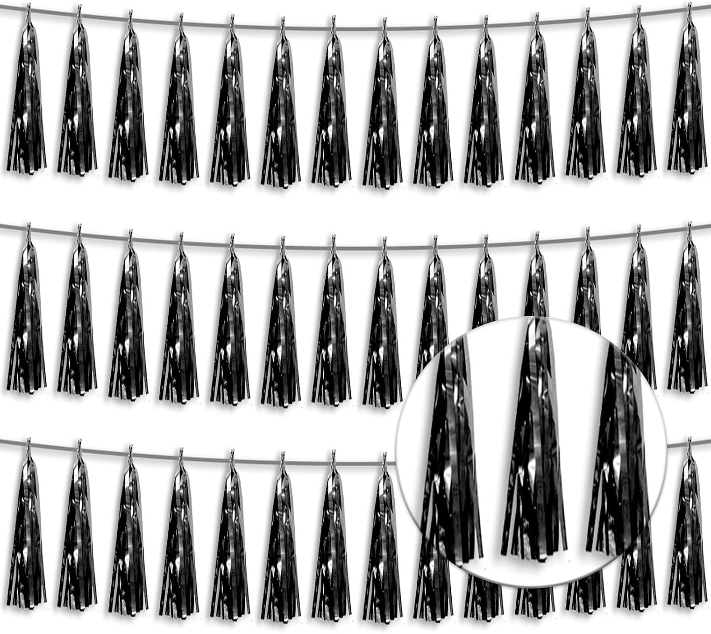 3P Metallic Fringe Tassel Banner Garland Foil Tinsel Streamer Wall Hanging Curtain Backdrop Banners for Parade Floats, 2024 Graduation Decorations, Father’s Day Party Decoration(Black)