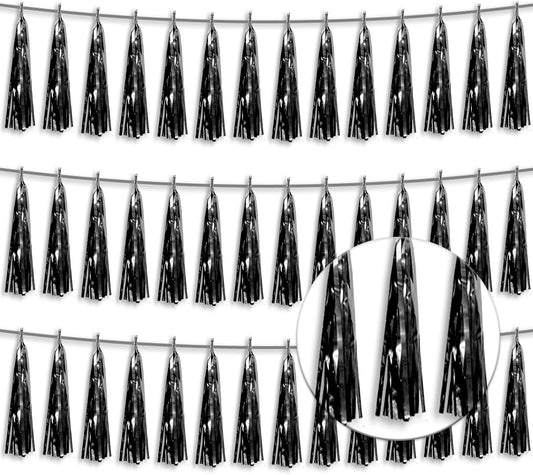 3P Metallic Fringe Tassel Banner Garland Foil Tinsel Streamer Wall Hanging Curtain Backdrop Banners for Parade Floats, 2024 Graduation Decorations, Father’s Day Party Decoration(Black)