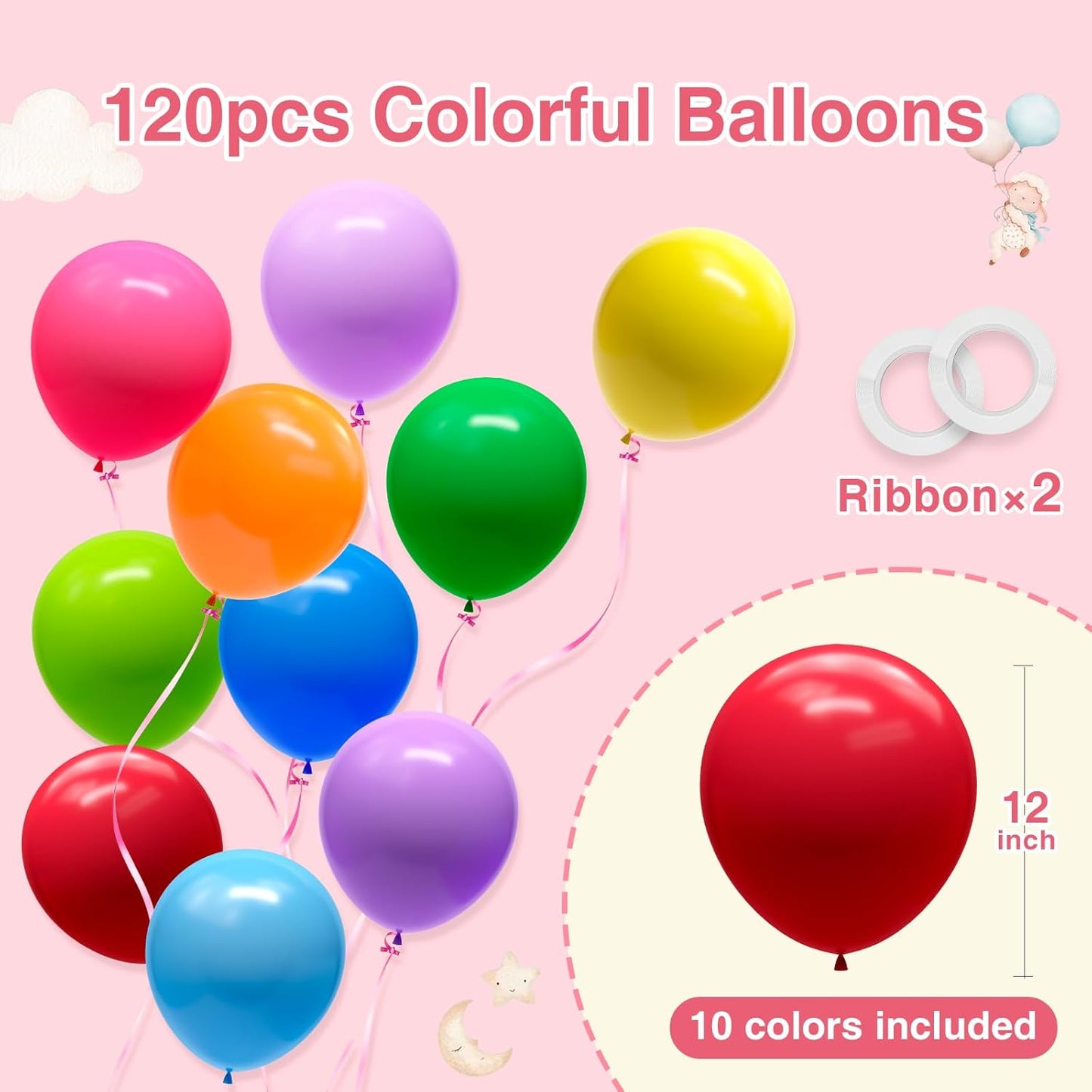 120pcs Rainbow Balloons 12 Inch Colorful Latex Balloon Garland Arch Kit for Birthday Baby Shower Anniversary Graduation Wedding Party Decorations