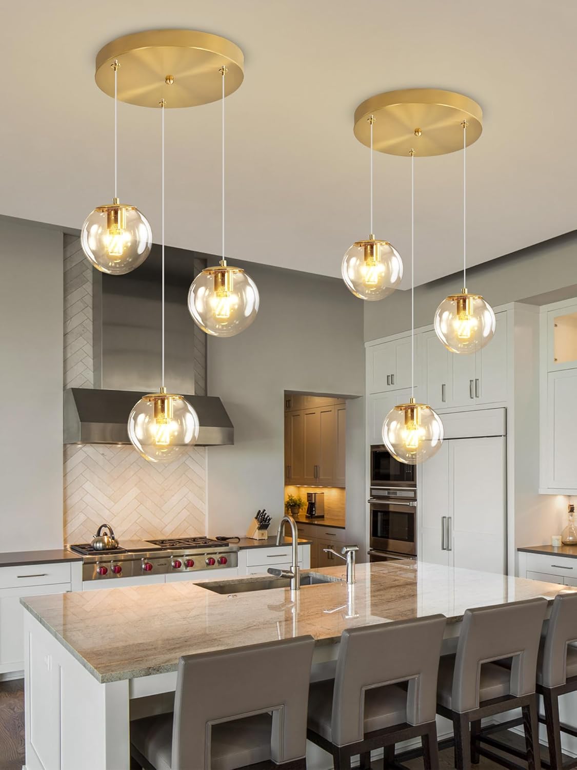 Globe Glass Pendant Light Modern Gold Clear Globe Glass Chandelier Mid Century Chandelier 3-Light Hanging Fixture for Kitchen Island Foyer Hallway Dining Room