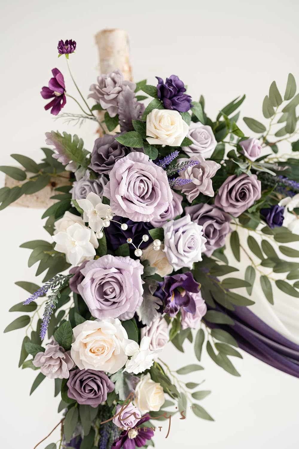 Ling's moment Purple Lilac Artificial Wedding Arch Flowers Kit Pack of 4, 2pcs Hanging Flower Arrangement 2pcs Chiffon Drapes Ceremony Reception Fake Rose Arbor Backdrop Floral Party Outdoor Decor