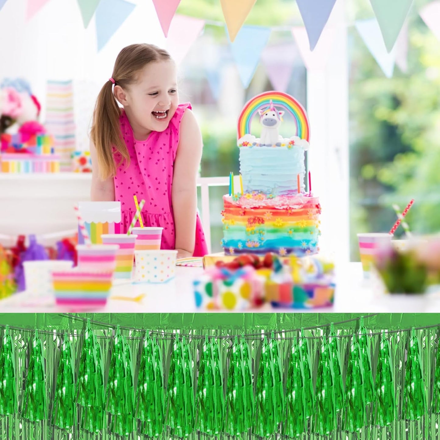 6P Green Foil Fringe Metallic Tassel Streamers Banner Tassel Garland for Parade Floats, Bachelorette, Wedding, Birthday, Graduation, Christmas, Bridal/Baby Shower Party Decorations