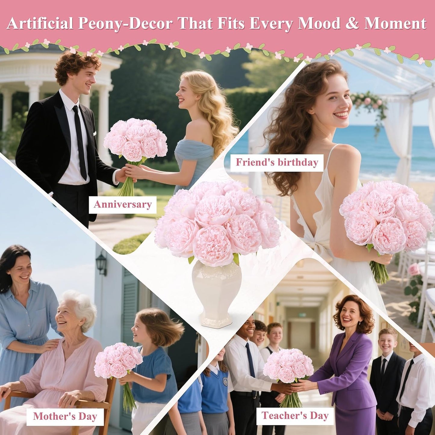 U'Artlines 20 Heads Artificial Peony Silk Flower Leaf Home Office Wedding Party Festival Bar Decor (Light Pink)