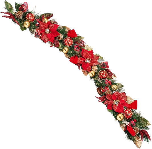 5 ft Christmas Garland for Mantle Unlit Garland for Stairs Railing, Banister, Staircase, Fireplace, for Table No Light, Garland Decor Frosted Red Poinsettia Holiday Tree (Decorated Red Poinsettia)