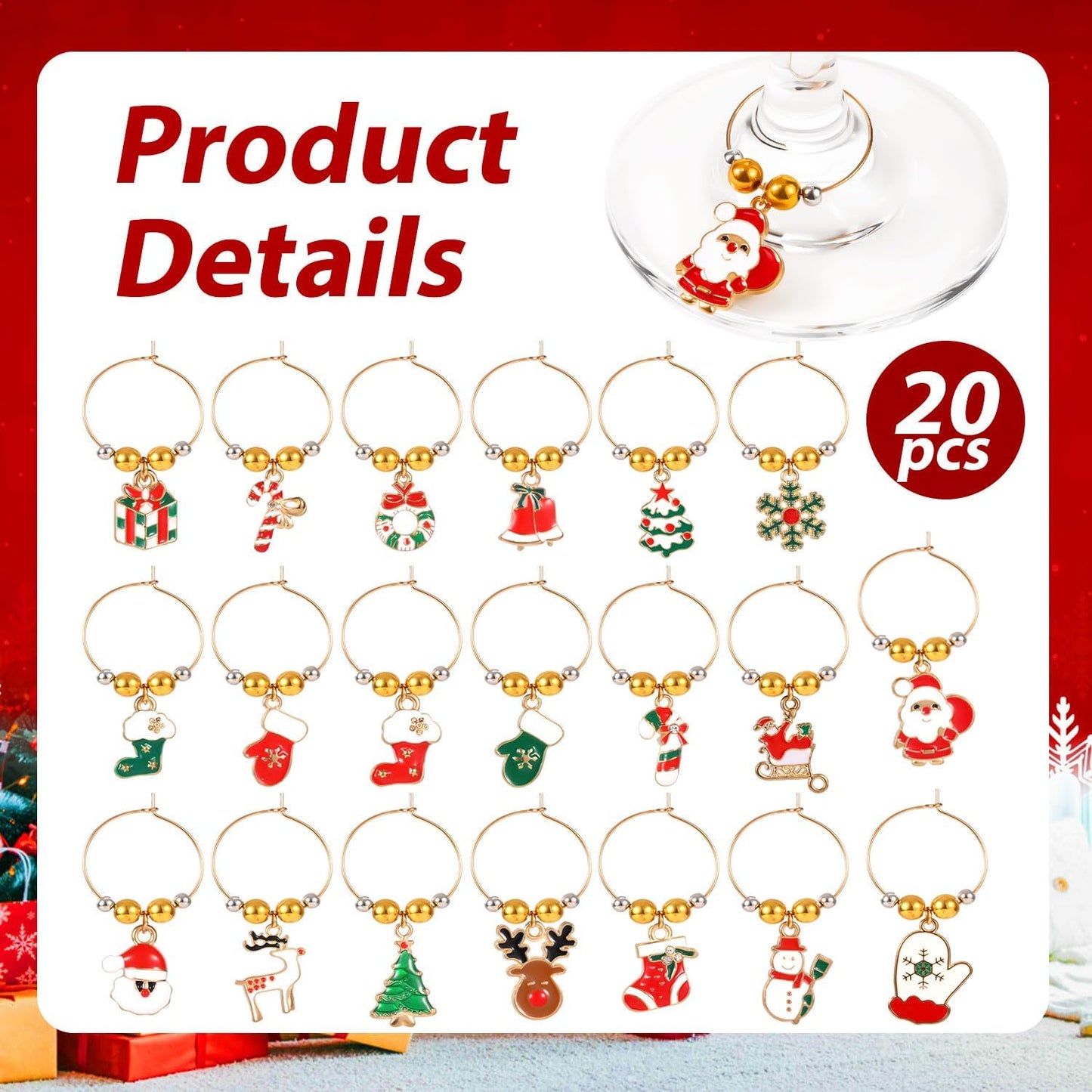 20pcs Christmas Wine Glass Charms, Cute Wine Glass Markers Tags Charms with Flannel Bag Christmas Theme Drink Identifier for Stem Glasses for Wine Tasting Party Favors Decorations