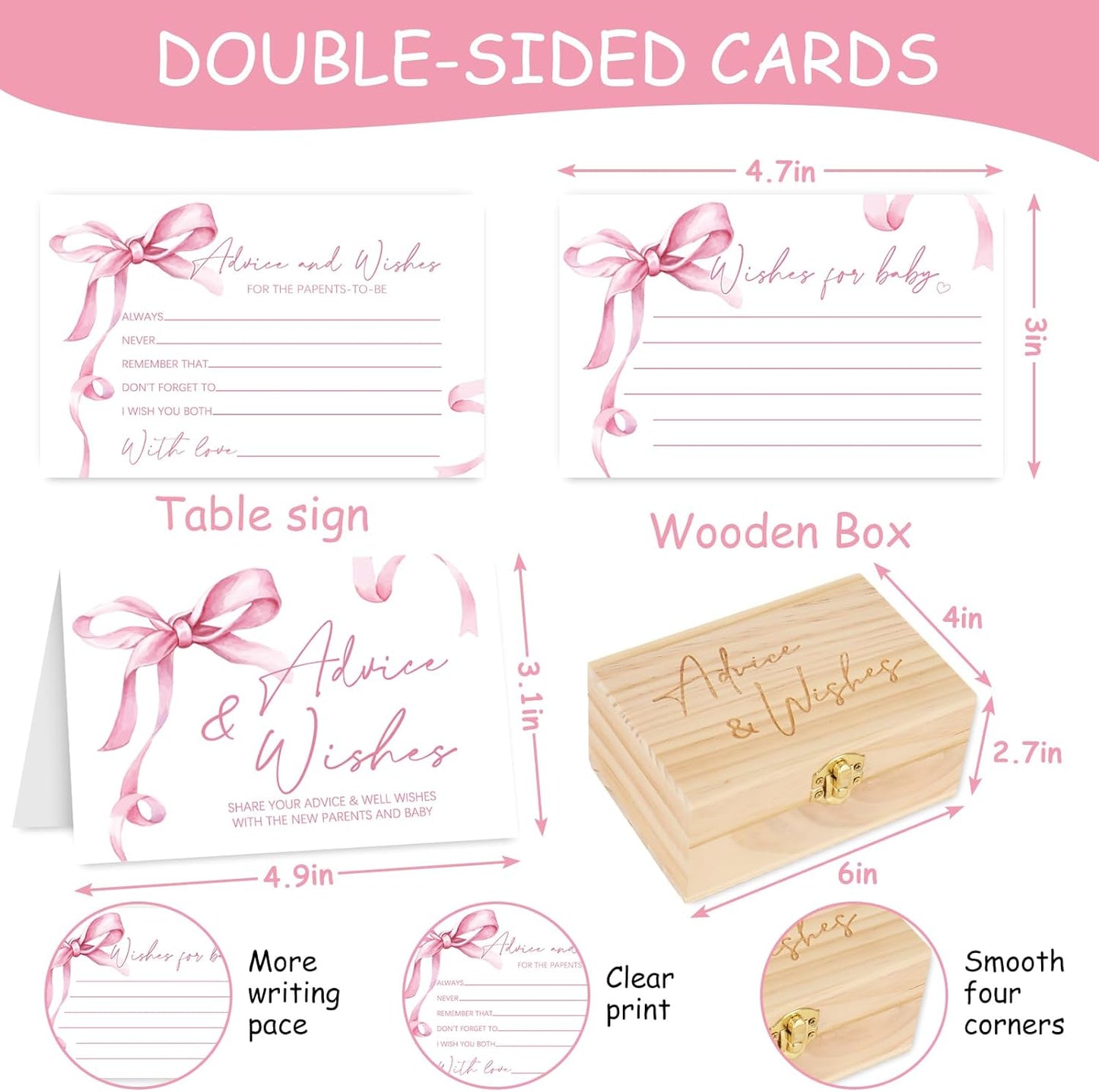 50Pcs Baby Shower Advice Cards Double-Sided Pink Bow Advice and Wish Cards with Wood Box for New Parents Baby Shower Gender Reveal Supplies