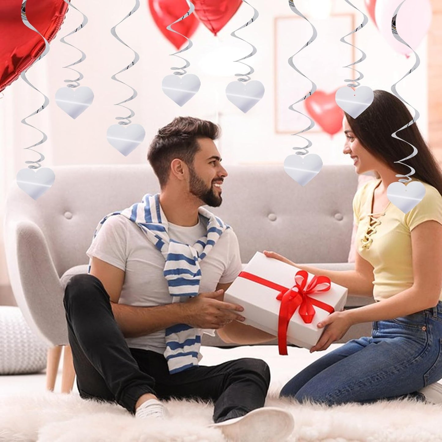 BEISHIDA Happy Valentine's Day Hanging Swirls Valentine's Decorations Silver Heart Hanging Ornament Wedding Anniversary Engagement Proposal Party Supplies Romantic Party Decorations Pack of 15