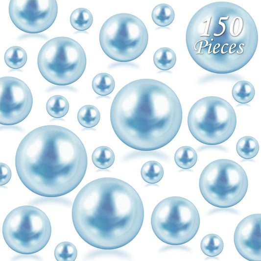150Pcs Light Blue Polished No Hole Faux Pearl Beads for Vase Filling Decorations, Plastic Pearls Vase Fillers, Table Scatters, Wedding Centerpiece, Home Decor, 8/14/20 mm