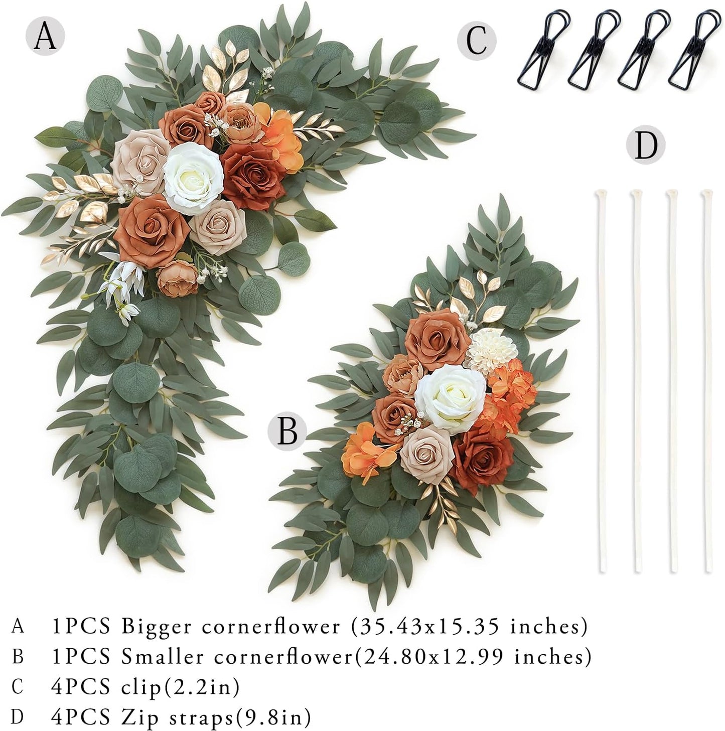 Artificial Flower Swag Set of 2 for Wedding Welcome Signs Floral Decorations, Burnt Orange Wedding Arch Flowers for Wedding Ceremony