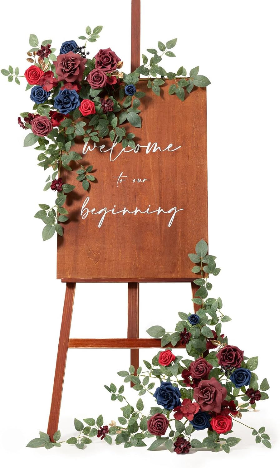 Ling's moment 2pcs Wedding Flowers Garland Artificial Floral Swag Arch Decorations Greenery Arrangements Burgundy & Navy Blue Ceremony Reception Garden Easel Wall Entryway Outdoor NOT Include Sign