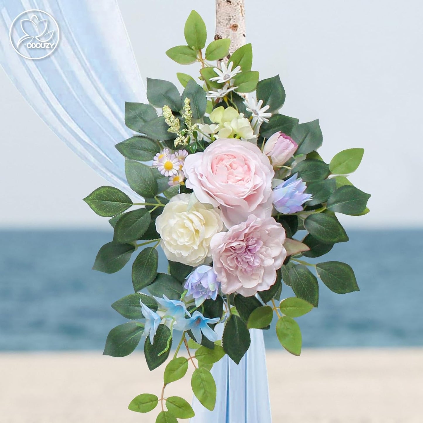 Wedding Arch Flowers Kit,Artificial Flower Arch Decor (Set of 3),2pcs Artificial Flower Arrangement with 1pc Sheer Drape for Wedding Decor Reception Backdrop Floral Decorations (Bluish Pink)
