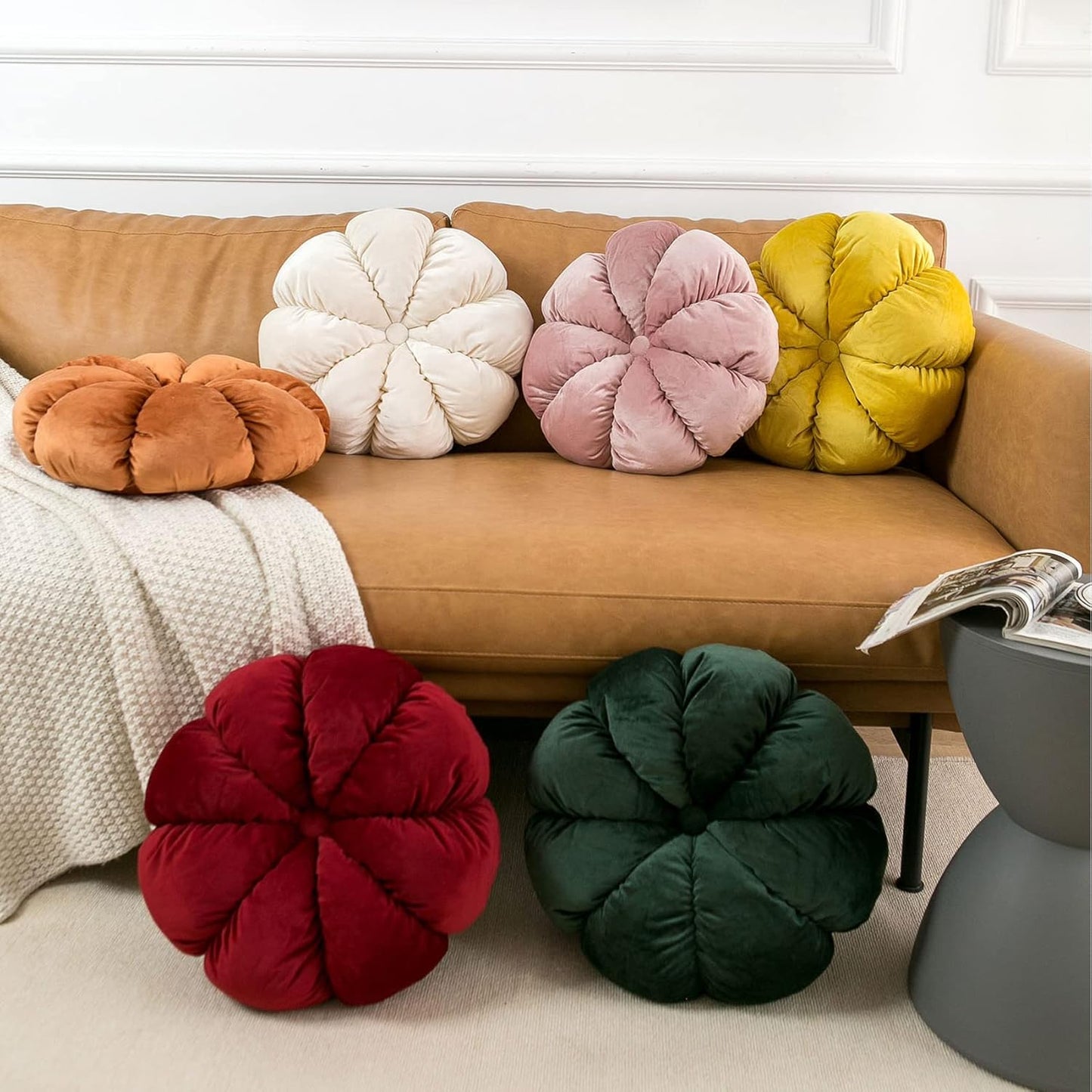 Flower Pillow Cushion Round Decorative Throw Pillow for Couch Bedroom Flower-Shaped Floor Cushion for Girls Kids (Wine Red, 15.7”)