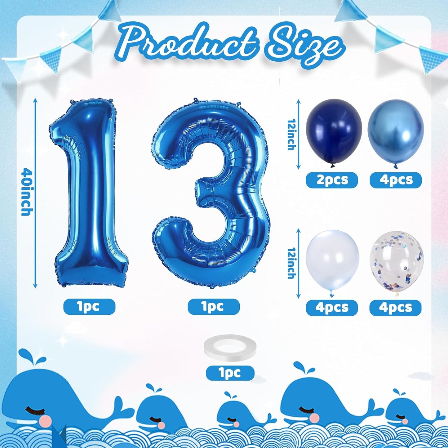 Number 13 Pastel Blue XXL 13th Birthday Decor Foil Balloon with Silver Confetti, Helium Balloon, 40 Inch for Boys Birthday Party Men Anniversary Decorations